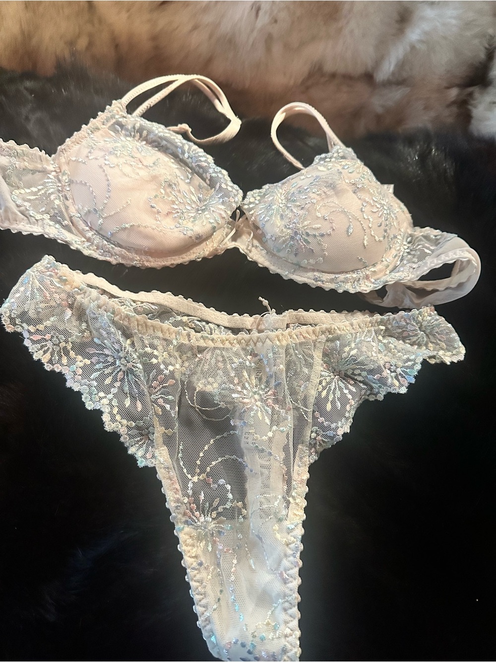 Marie-Jo Lace Embroidered Bra & Thong Set - cream with soft pastel details